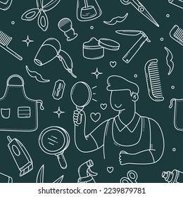 Barbershop tools and equipments seamless pattern doodle hand drawn