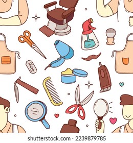 Barbershop tools and equipments seamless pattern doodle hand drawn