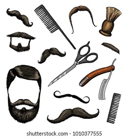 barbershop tools icon set. man or hipster fashion. hair and beard and mustache, brush and razor for shaving. engraved hand drawn in old vintage sketch.