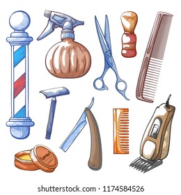 Barbershop tools set. Accessory collection to cut, dress, groom, style and shave men and boy hair. Vector illustration barbershop equipment isolated from background.
