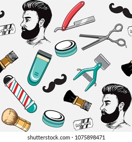 Barbershop tools vector background pop art elements seamless pattern