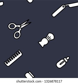 Barbershop tools vector seamless pattern. Simple illustration of comb, shave brush, serum, cream tube, scissors and razor isolated on dark blue background.