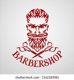 Barbershop. Tribal vector logo. Red head of bearded barber. Fashionable hipster with combed hair, bushy eyebrows, twirled mustache, thick beard. Vintage embossed paper backdrop. Original retro font.