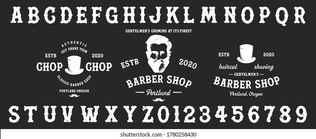 Barbershop typeface / Retro alphabet in western style / Slab Serif type letters on a grunge background / Handmade Vintage Font for labels and posters. Letters and numbers. Vector Illustration.
