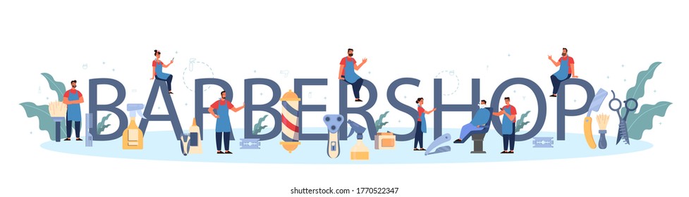 Barbershop typographic header concept. Idea of hair and beard care. Scissors and brush, shampoo and haircut process. Hair treatment and styling. Isolated flat illustration