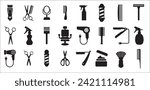 Barbershop utensils icon set. Hair salon icons, Hairstylist vector icons set. Contain symbol of clipper, barber pole, comb, razor blade, chair, sprayer, pomade, hair dryer, brush, and more.