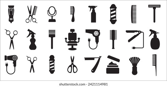 Barbershop utensils icon set. Hair salon icons, Hairstylist vector icons set. Contain symbol of clipper, barber pole, comb, razor blade, chair, sprayer, pomade, hair dryer, brush, and more.