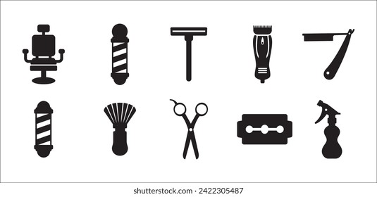 Barbershop utensils icon set. Hair salon icons, Hairstylist vector icons set. Contain symbol of clipper, barber pole, comb, razor blade, sprayer, pomade, hair dryer, brush, and more.