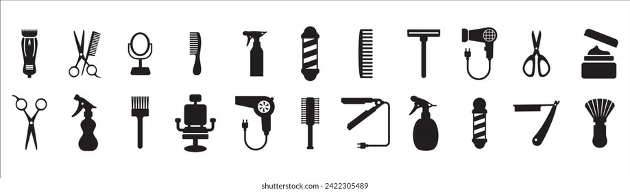 Barbershop utensils icon set. Hair salon icons, Hairstylist vector icons set. Contain symbol of clipper, barber pole, comb, razor blade, chair, sprayer, pomade, hair dryer, brush, and more.