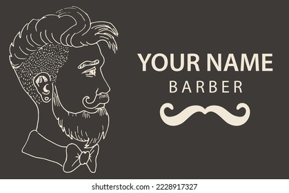 Barbershop Vektor Friseur-Poster mit Portrait von jungen modischen Mann. Kontinuierliche Zeichnung einer Linie des menschlichen Porträts. Friseur. Moderner Herrenstil