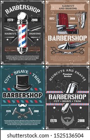 Barbershop Vector Design, Haircut And Shaving Of Hair, Beard And Mustache. Barber Shop Vintage Pole, Chair And Straight Razor, Scissors, Brush And Clipper, Comb And Trimmer. Hipster Salon Retro Poster
