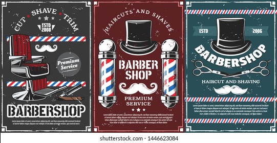 Barbershop vector design of men haircut, beard and mustache shave saloon. Retro poles of barber shop, hairdresser chair and open razor blade, scissors, vintage top hats and moustaches