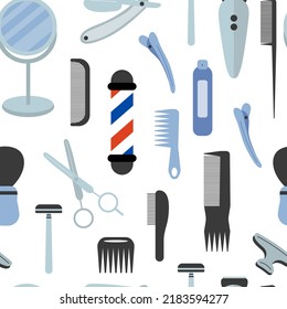 Barbershop vector flat style seamless pattern. Hair trimmer, scissors. razor shaving isolated on white background.
