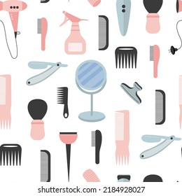 Barbershop vector flat style seamless pattern. Hair trimmer, scissors. razor shaving isolated on white background.