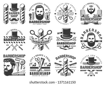 Barbershop vector icons of hair, beard and mustaches shave service. Hipster man head with razor blades, poles and clippers, salon chairs, brushes and combs, scissors and hairdryer. Barber shop design