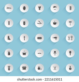 barbershop vector icons on round puffy paper circles with transparent shadows on blue background. barbershop stock vector icons for web, mobile and user interface design