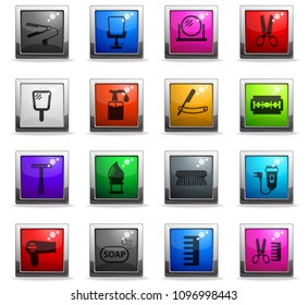 barbershop vector icons in square colored buttons