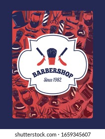 Barbershop Vector Illustration For Banner, Sign, Badge Or Shop Label Design With Shaving Brush And Straight Razor Icon. Templates For Hair Salon Logo With Beard, Barber Pole, Moustache And Scissors.