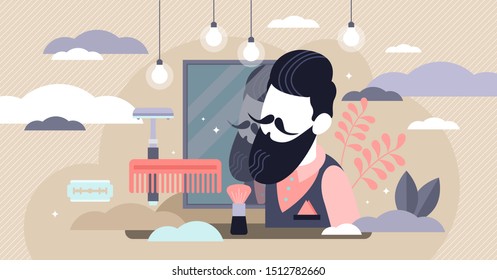 Barbershop vector illustration. Flat tiny beard shave saloon persons concept. Mustache and hair style occupation. Professional hairdresser for real man and gentleman. Trendy vintage hipster business.