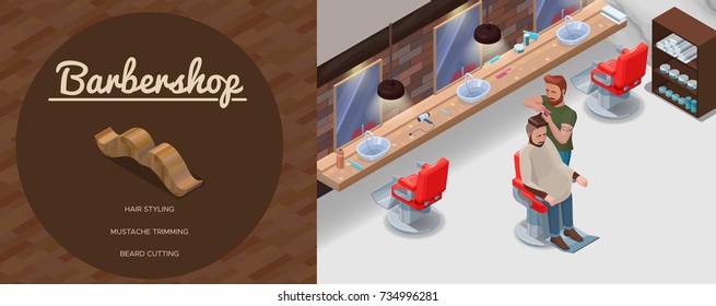 Barbershop vector isometric banner with hair salon interior with barber shop accessories, hairdresser doing hairstyling, shaving, colorful illustration for advertising, flyer of beauty studio