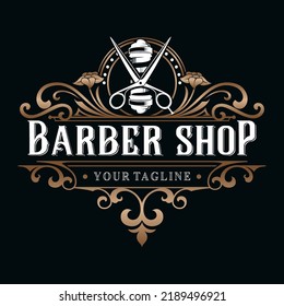 Diseño del logotipo vectorial de Barbershop. Concepto Ilustración de letras antiguas con ornamentos sobre un fondo oscuro