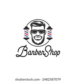 Barbershop vector logo design concept, poster or banner with barber pole and bearded man.