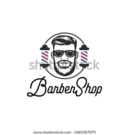 Barbershop vector logo design concept, poster or banner with barber pole and bearded man.