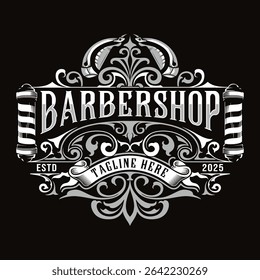 barbershop Vector logo design with decorative ornament frame vintage style
