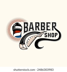 Barbershop vector logo design. Illustration of razor tool with barbers pole, perfect for barber or hair salon