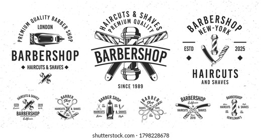 Barbershop vector logo set. Set of 9 retro monochrome emblems. Vintage templates for interior design, t-shirt prints, signboards, posters. Barber hipster labels. Haircut elements. Vector illustration