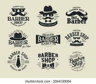 Barbershop vector retro logo set. Hipster barber shop label, gentleman silhouette with moustache, glasses, tie and hats. Vintage flat round logo template. Logotype concept design for hairdresser