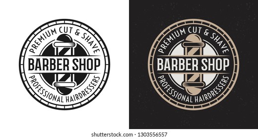 Barbershop vector two style black and colored vintage round badge, emblem, label or logo with barber pole on white and dark background