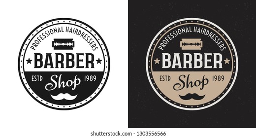 Barbershop vector two style black and colored vintage round badge, emblem, label or logo on white and dark background