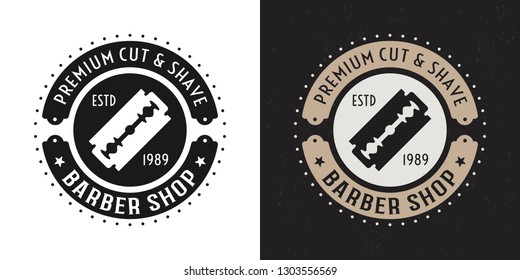 Barbershop vector two style black and colored vintage round badge, emblem, label or logo with blade razor on white and dark background