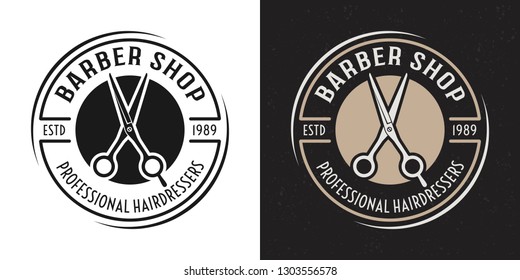 Barbershop vector two style black and colored vintage round badge, emblem, label or logo with scissors on white and dark background