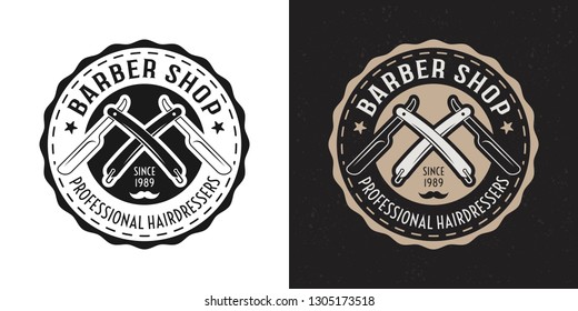 Barbershop vector two style black and colored vintage round badge, emblem, label or logo with crossed straight razors on white and dark background