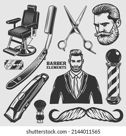 barbershop vintage accessories collection set in monochrome black and white