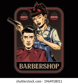 Barbershop vintage colorful badge with attractive tattooed winking female barber with comb and straight razor cutting hair of stylish client isolated vector illustration