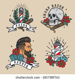 Barbershop vintage colorful emblems with stylish man head barber poles straight razors skull flowers dice diamond isolated vector illustration