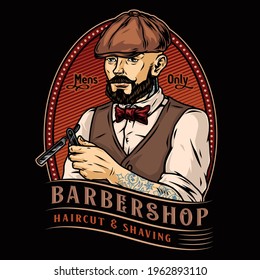 Barbershop vintage colorful label with inscription tattooed stylish mustached and bearded man in irish cap holding straight razor isolated vector illustration