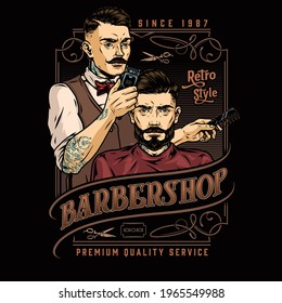 Barbershop vintage colorful label with tattooed mustached barber holding comb and cutting hair of stylish man using hair clipper isolated vector illustration