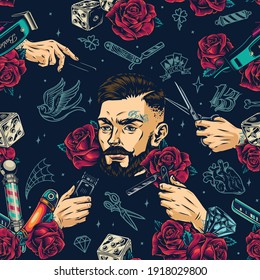 Barbershop vintage colorful seamless pattern with stylish bearded and mustached barber head dice roses metal pole diamond male hands holding scissors hair clipper straight razor vector illustration