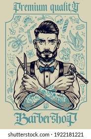 Barbershop vintage composition with stylish bearded and mustached barber with different tattoos holding scissors and straight razor vector illustration