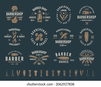 Barbershop vintage hipster logo templates. 12 Logos and 16 design elements for barber shop, haircut's salon. Barber shop emblems templates. Vector illustration