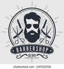 Barbershop vintage label, badge, or emblem on gray background. Vector illustration