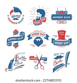 Barbershop vintage label set hipster male grooming beauty salon emblem vector flat illustration. Barber shop gentleman haircut hair care beard mustache shave trim scissors red blue retro tag design