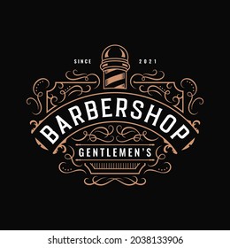 Barbershop vintage lettering logo design with flourish ornament