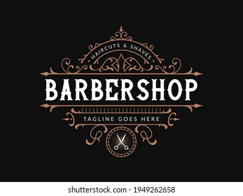 Logo con grabado vintage de Barbershop con marco ornamental