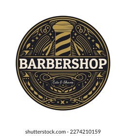 Logo de Barbershop vintage. Insignia retro, signo o etiqueta de Barber shop. Sello redondo del salón de pelo. Ilustración vectorial.