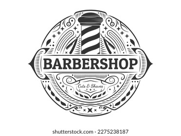 Barbershop vintage logo. Barber shop retro badge, sign or label. Old Hair salon round stamp. Vector illustration.